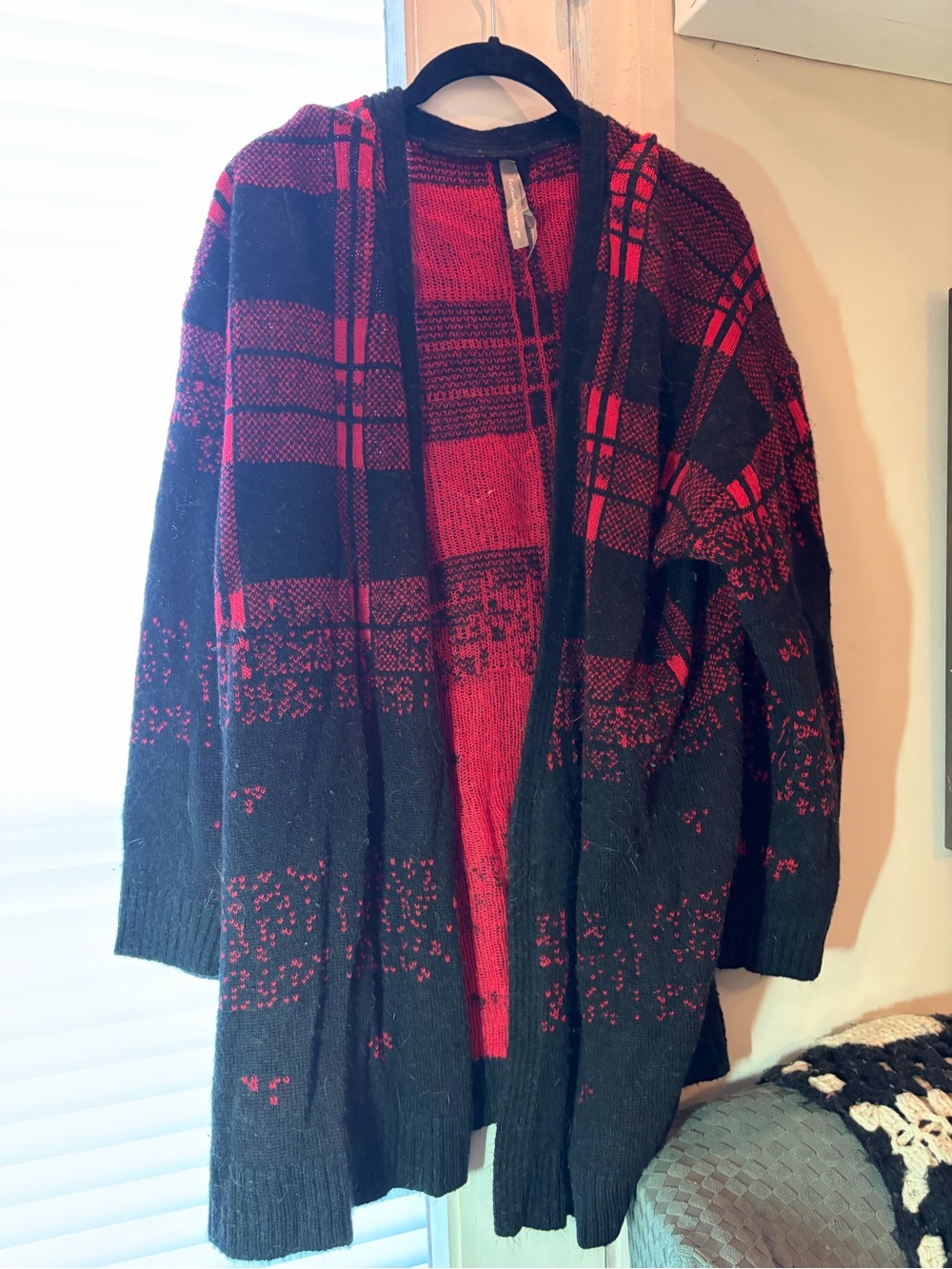 Penningtons Black & Red Plaid Open-Front Cardigan Sweater